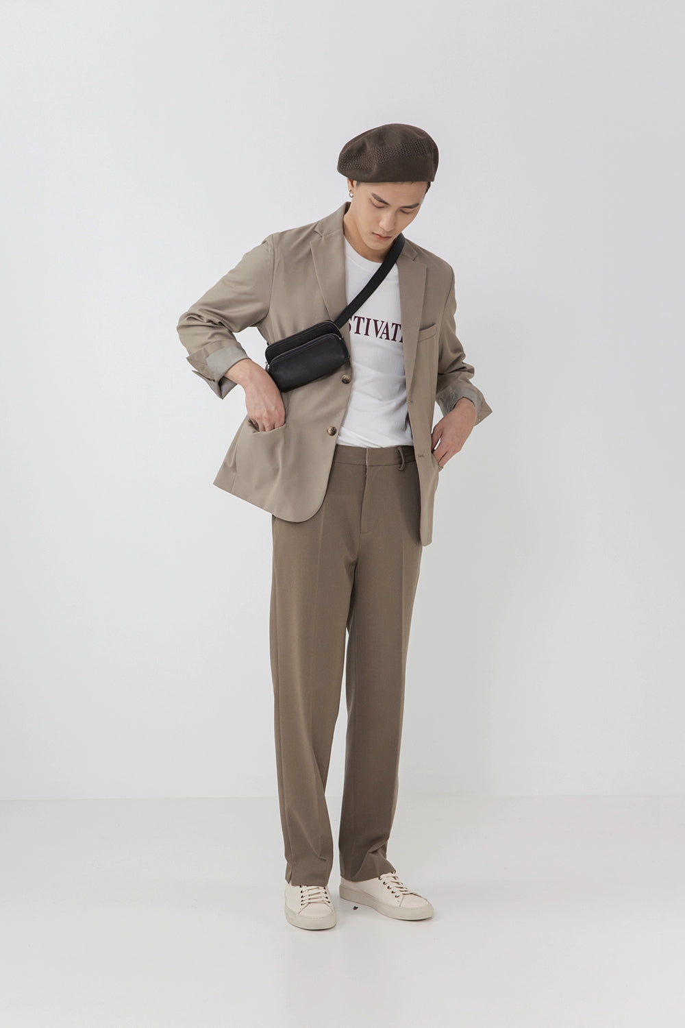 Split hem straight pants pleated panel front design structural detail