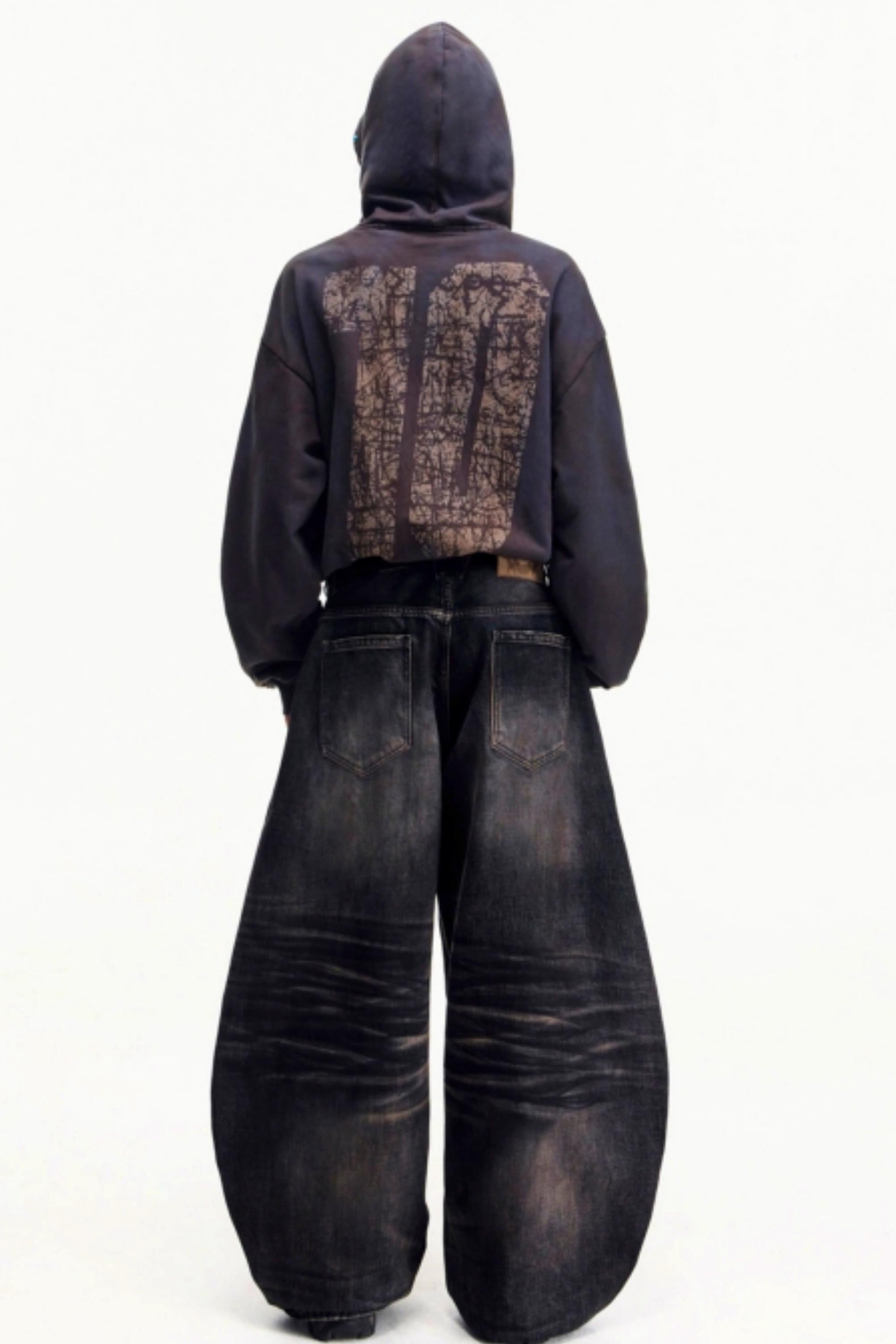 Men's vintage washed distressed wide leg denim jeans rear product view on white background