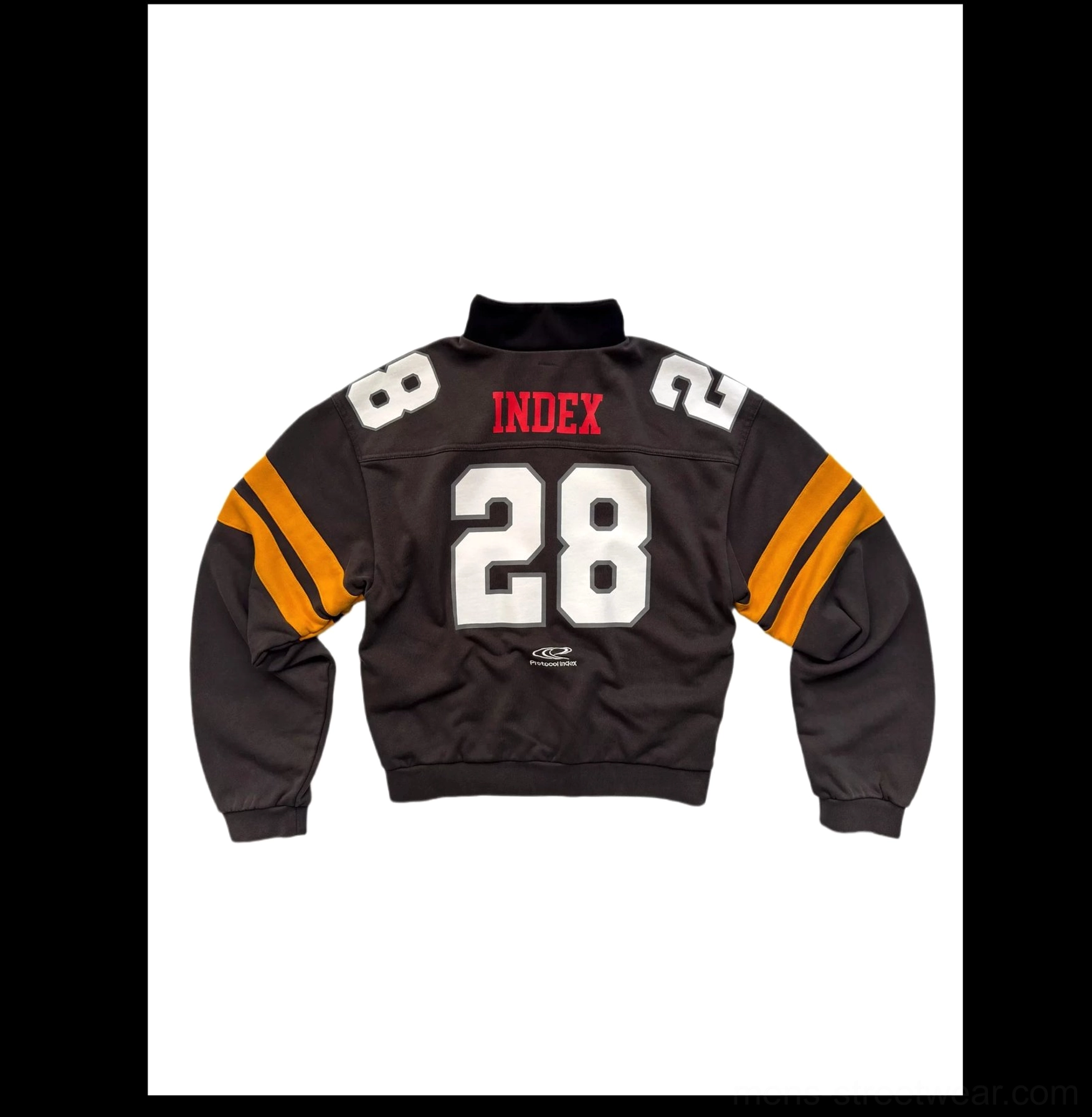 Charcoal gray cropped gridiron jacket rear flat lay showing Index 28 football graphics contrast yellow stripes and ribbed hem
