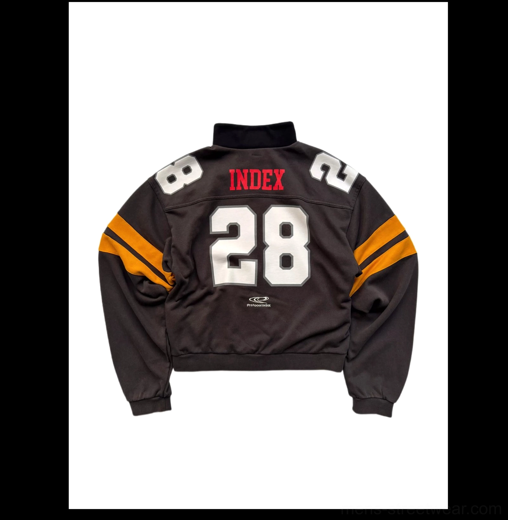 Flat lay back view of charcoal gray cropped football zip jacket with yellow sleeve stripes red Index text and oversized white 28