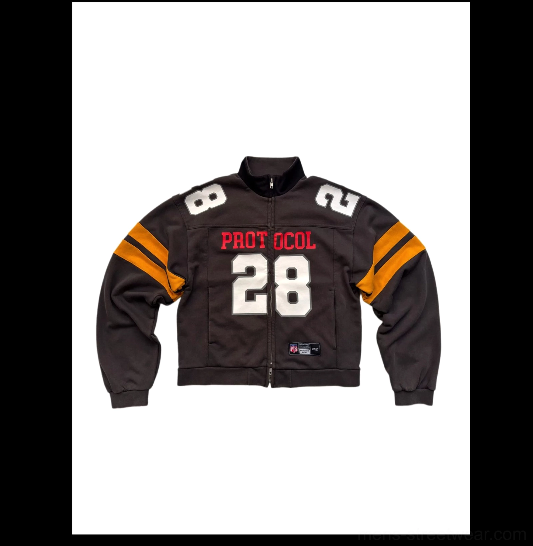 Flat lay front view of charcoal gray cropped football zip jacket with Protocol lettering white 28 graphic stand collar and yellow sleeve stripes