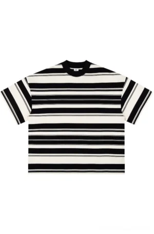 Front flat lay of a 320G heavyweight black and off-white striped oversized cotton T-shirt with a relaxed unisex streetwear silhouette