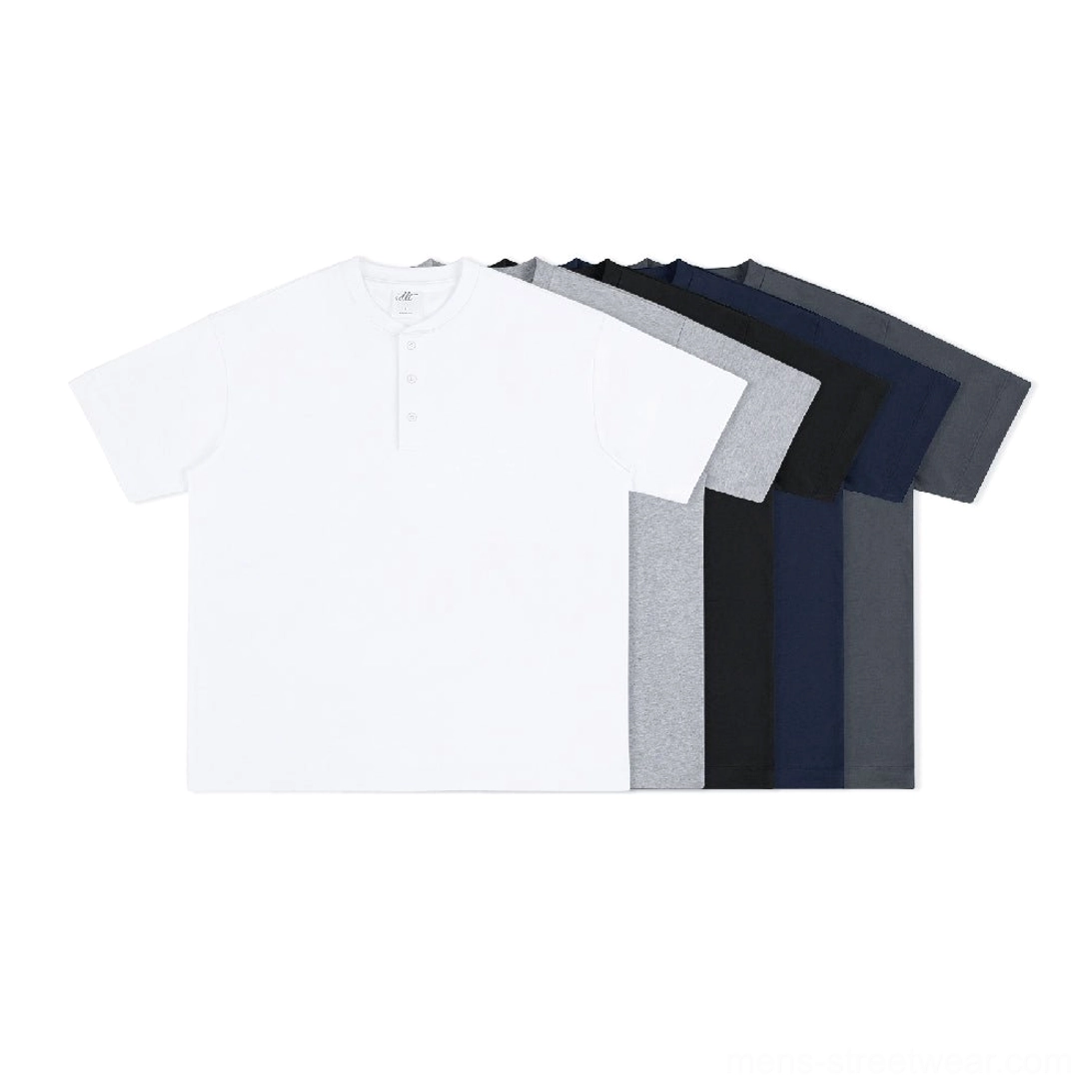 Color range of 320G heavyweight cotton oversized Henley t-shirts in white gray black navy and dark gray