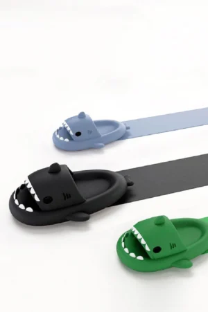 Multi color 3D shark slide slippers in light blue black and green with chunky EVA soles
