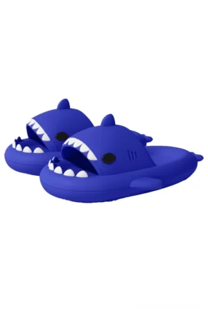 Royal blue 3D shark slide slippers with cartoon teeth eyes and thick EVA sole front view