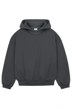 Dark charcoal gray 400 gsm oversized heavyweight drop shoulder pullover hoodie front flat lay