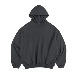 Jet black oversized heavyweight cotton pullover hoodie with relaxed drop shoulders front view