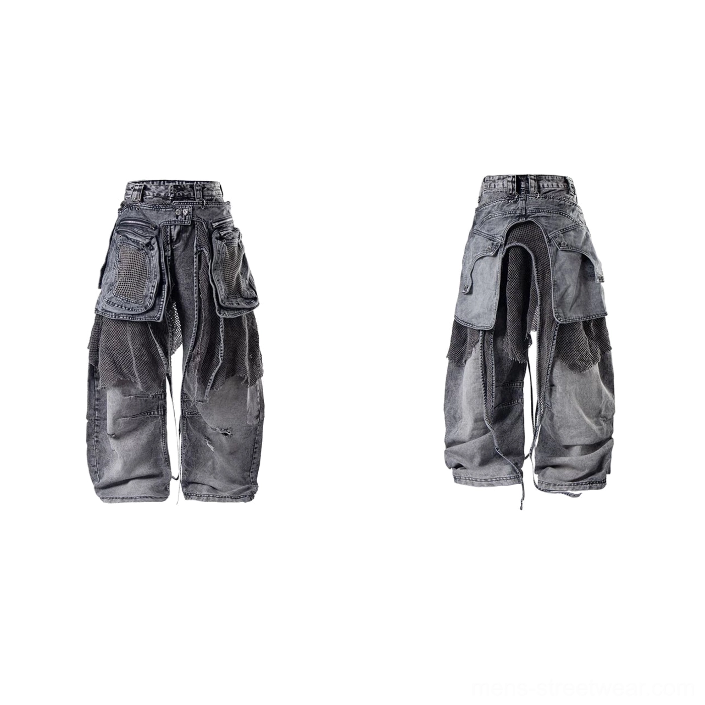 Flat lay front view of charcoal ash abyss mesh layered baggy cargo jeans with oversized cargo pockets, mesh overlays, hanging drawstrings, distressed wash, and wide legs