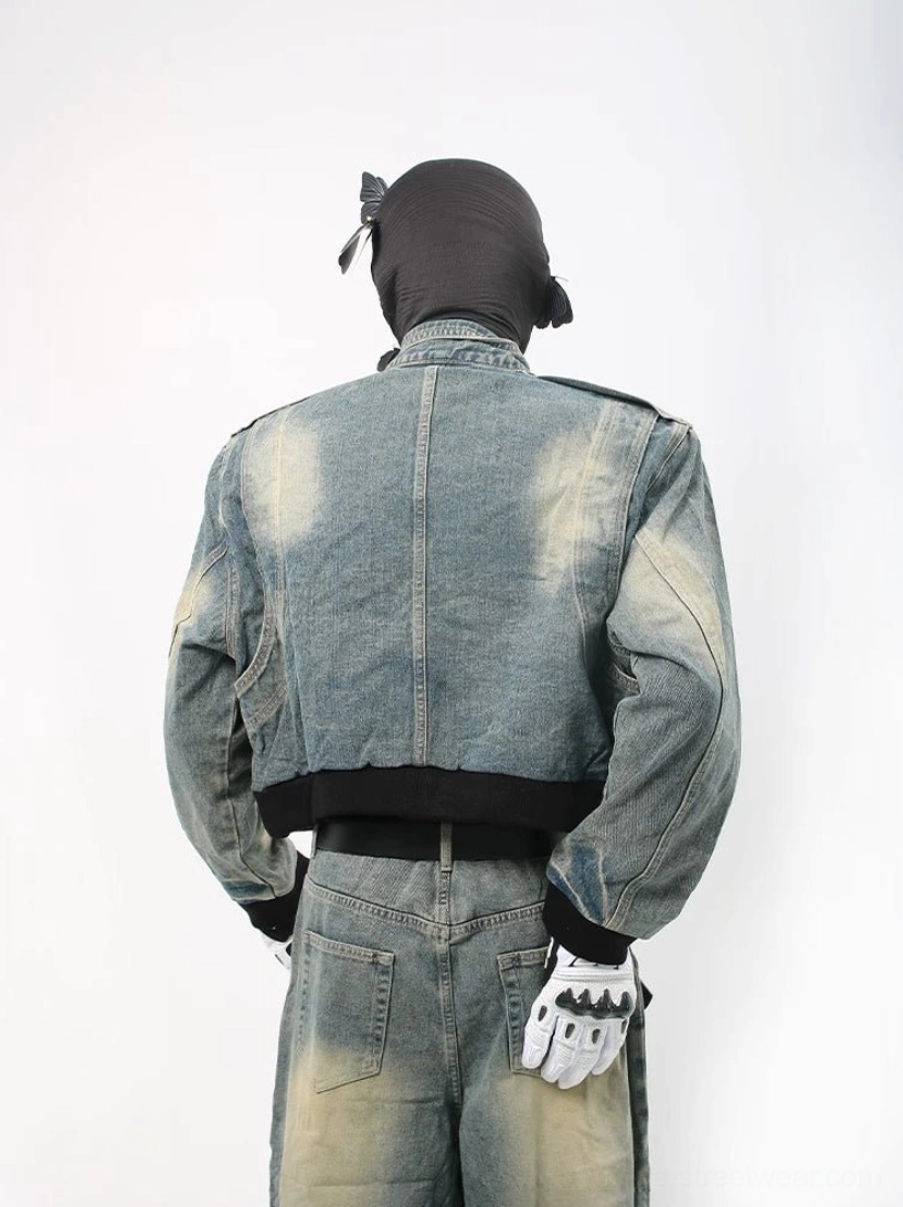 Back view of acid faded cropped denim jacket and matching wide leg jeans streetwear set