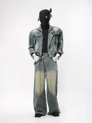 Acid faded cropped denim jacket and wide leg jeans set front full body view in Korean streetwear styling