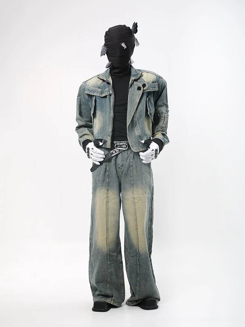 Acid faded cropped denim jacket and wide leg jeans set front full body view in Korean streetwear styling