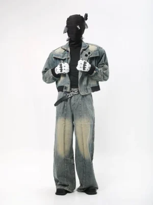 Faded blue wide leg denim pants with cropped jacket and black ribbed trim in Seoul streetwear outfit