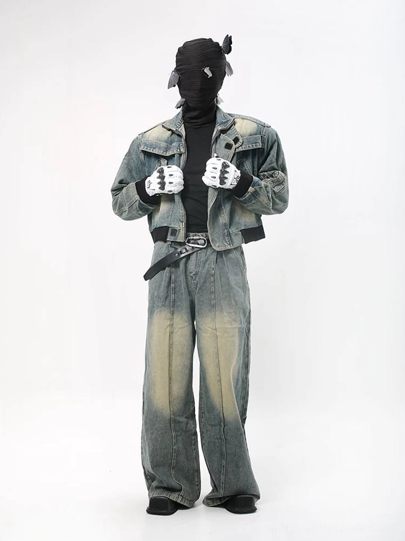 Faded blue wide leg denim pants with cropped jacket and black ribbed trim in Seoul streetwear outfit