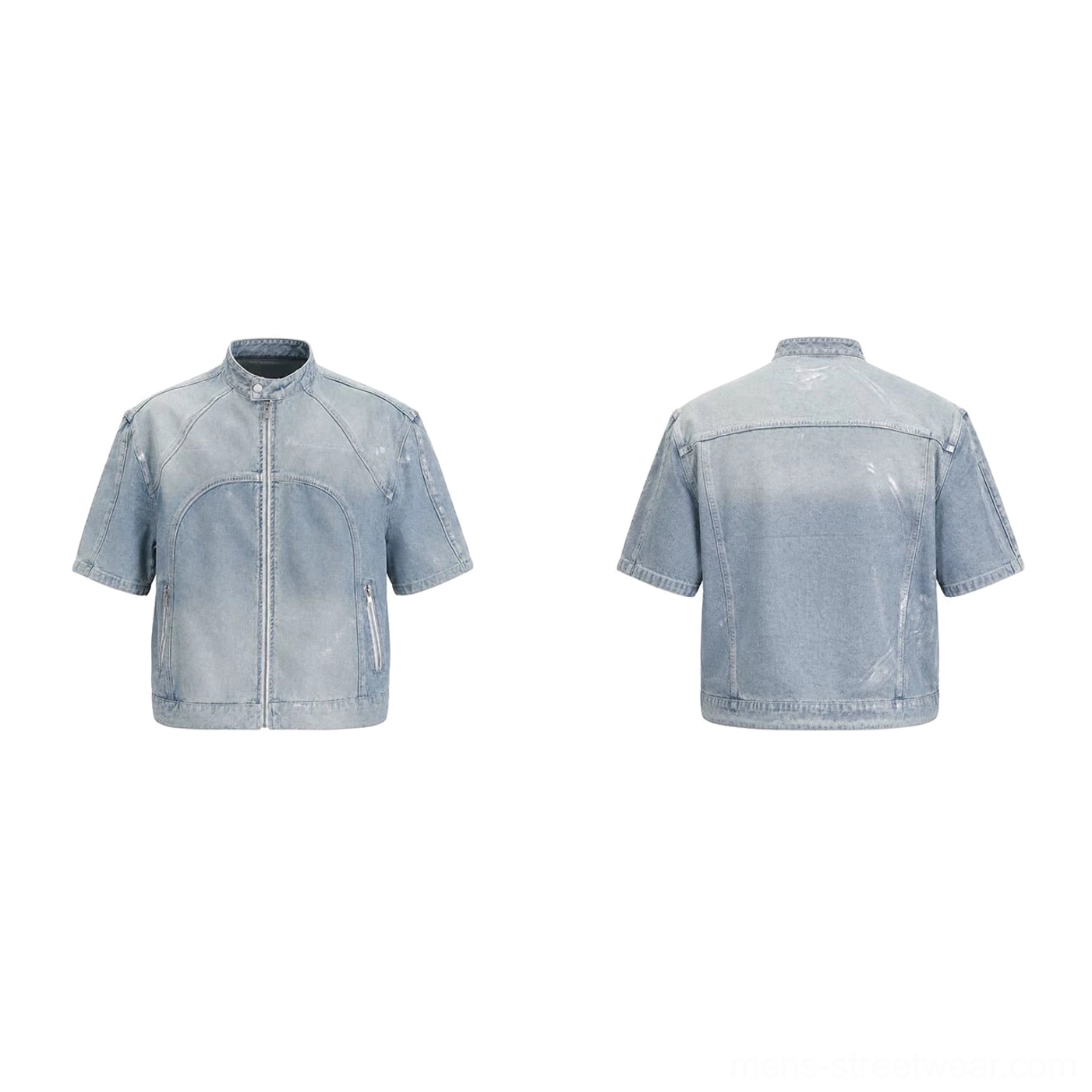 Flat lay front and rear display of short sleeve acid wash moto denim jacket with stand collar zipper and panel construction