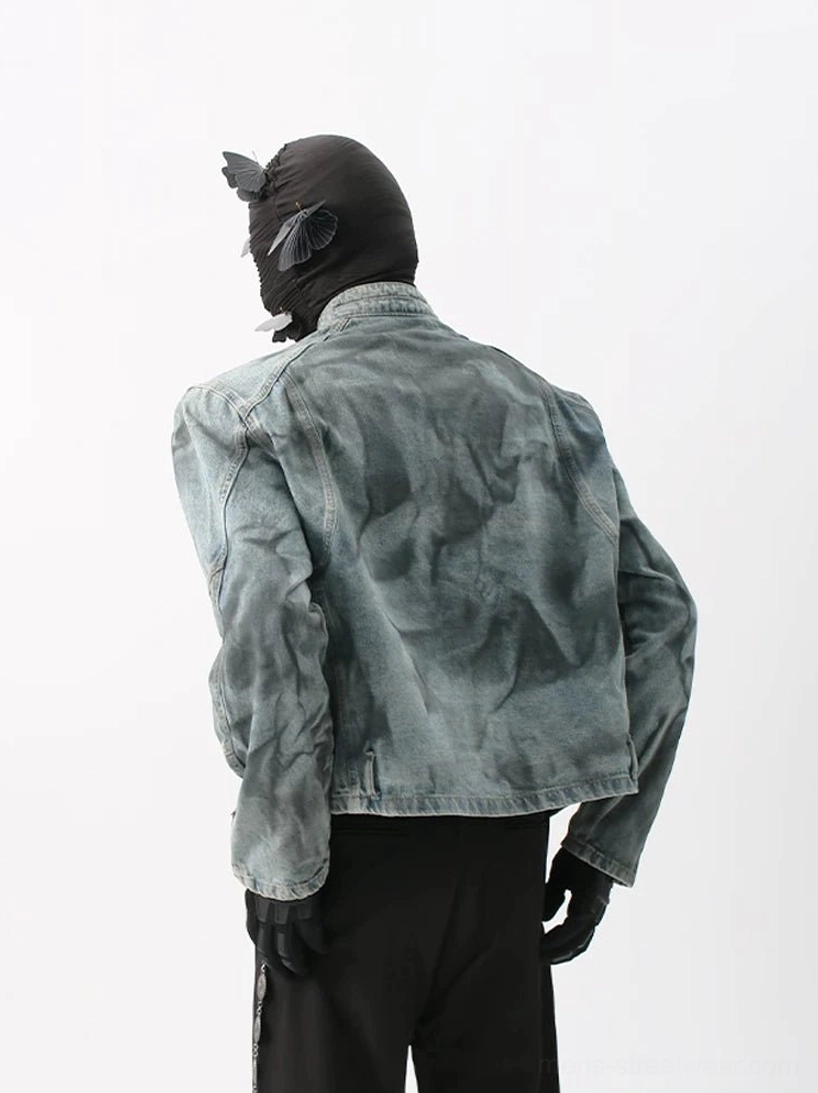 Acid-wash textured denim moto jacket rear view showing structured shoulders and back seam details