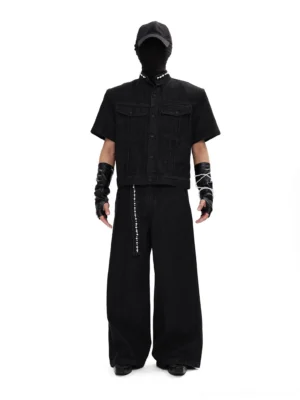 Black Acubi cropped short sleeve denim shirt and wide leg jeans streetwear outfit with stand collar chest pockets and utility styling