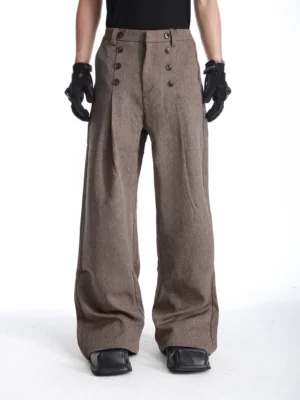 Front full-body view of heathered camel brown wide-leg trousers with double-button waistband and front pleats