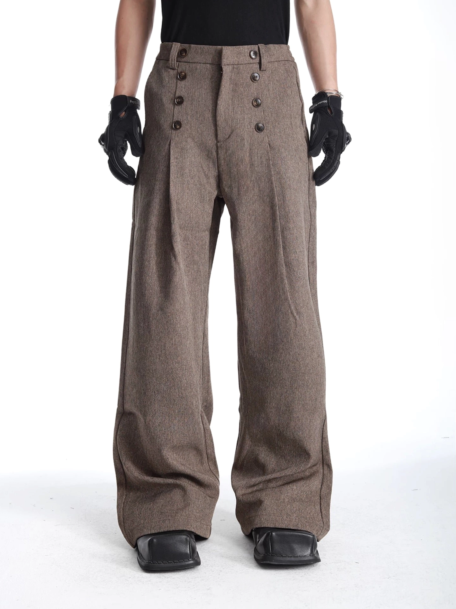 Front full-body view of heathered camel brown wide-leg trousers with double-button waistband and front pleats