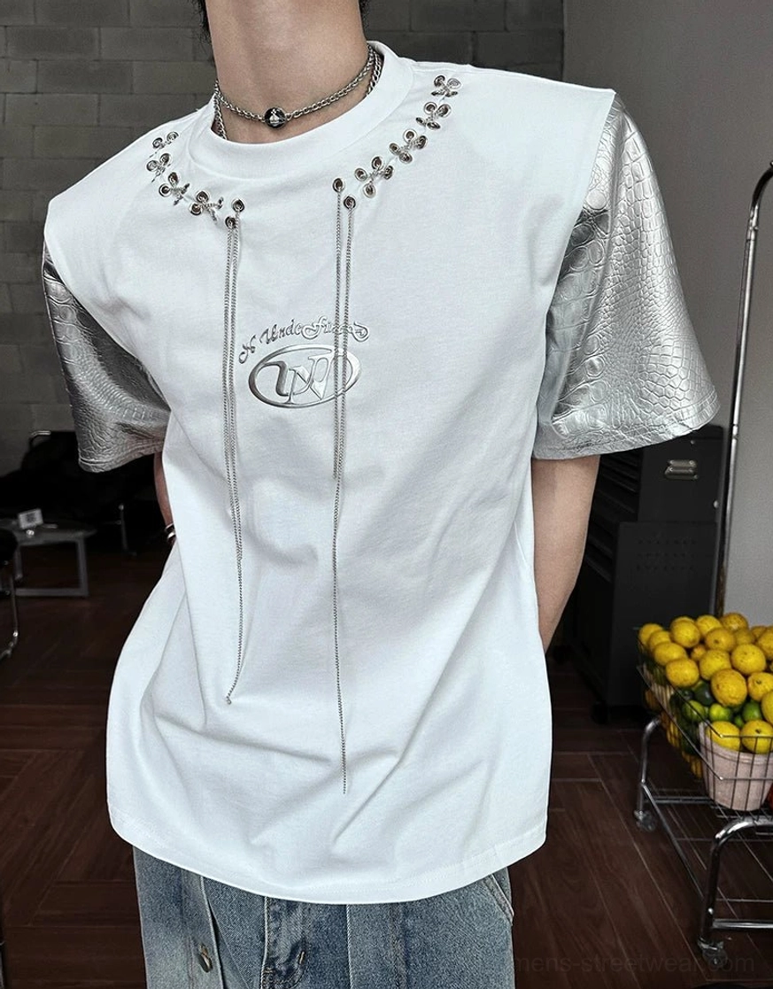 Acubi-inspired metallic sleeve panel T-shirt with relaxed straight fit for Seoul streetwear and futuristic casual outfits