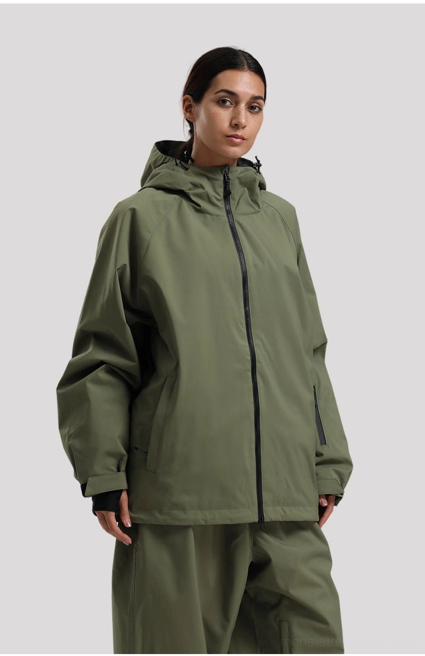Acubi-inspired outdoor shell jacket for men with a minimalist silhouette, functional pockets, and relaxed snow-ready fit