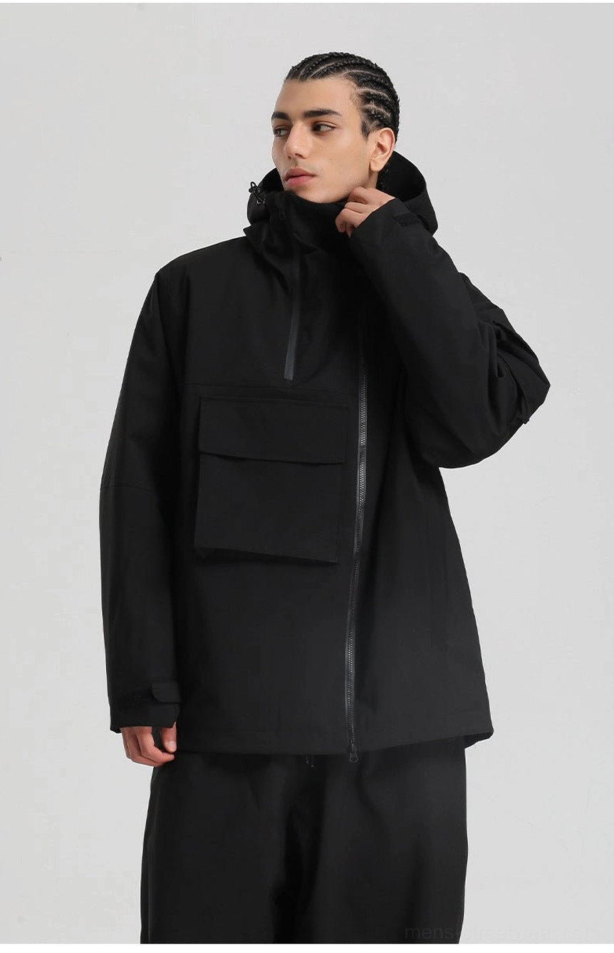 Acubi-inspired winter streetwear jacket with minimalist colorblock design, oversized fit, hood, utility pockets, and technical outdoor details