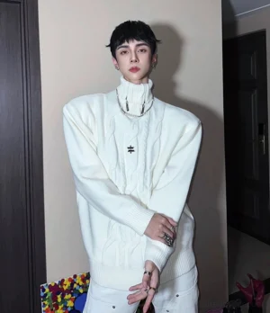 White Korean streetwear cable knit half-zip sweater with oversized fit, padded shoulders, and subtle metal star badge