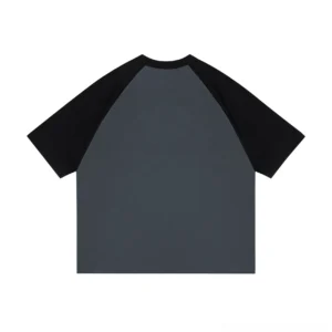 Back flat lay of dark gray and black raglan short sleeve streetwear T-shirt with clean straight hem