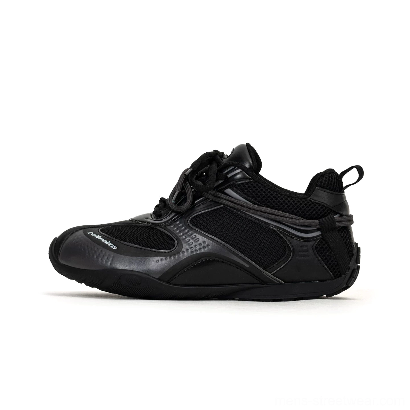 All matte black retro runner sneakers with mesh and synthetic leather panels heel pull tab and lace-up fastening