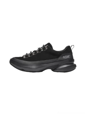 All-black samurai-inspired streetwear sneakers shown in a clean left-side product view with matte finish, metal lace hooks, heel pull detail, and chunky curved outsole