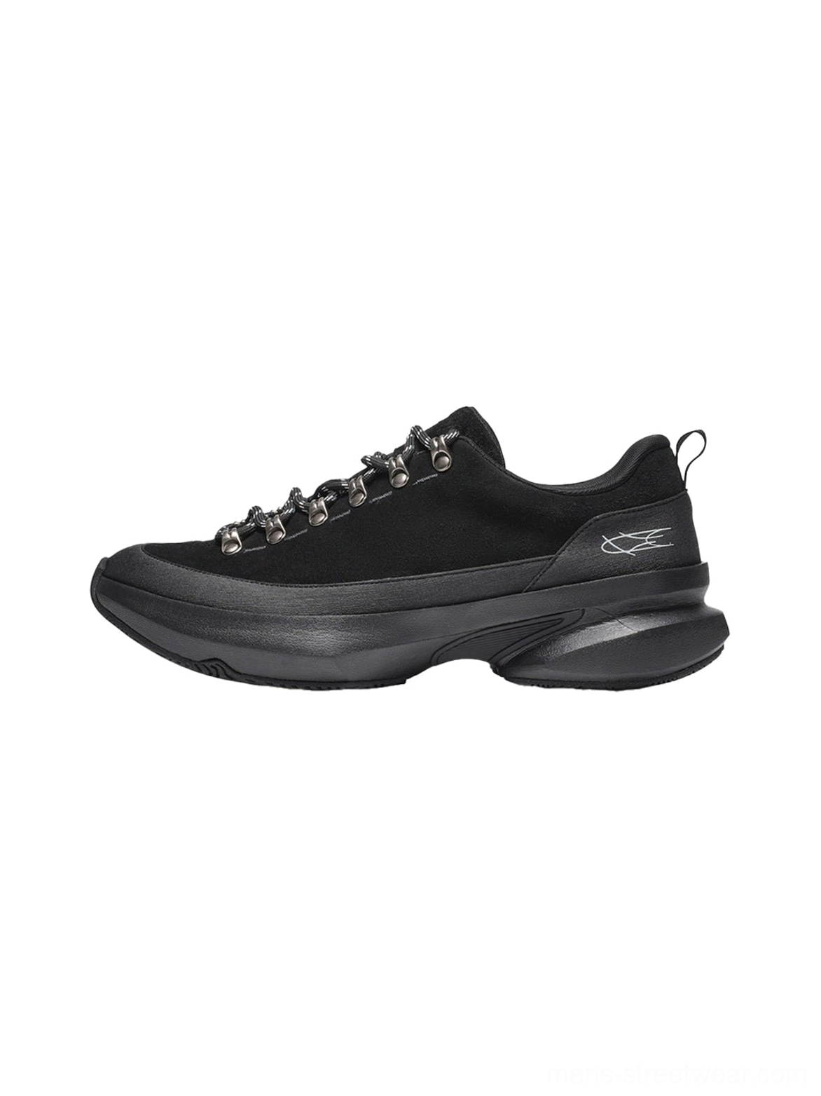 All-black samurai-inspired streetwear sneakers shown in a clean left-side product view with matte finish, metal lace hooks, heel pull detail, and chunky curved outsole