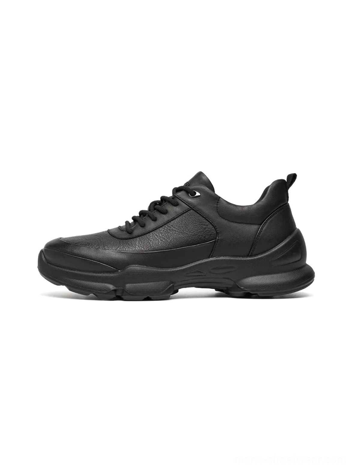 Side view of all-black sculpted sole chunky sneakers with textured leather-look upper and tonal black laces
