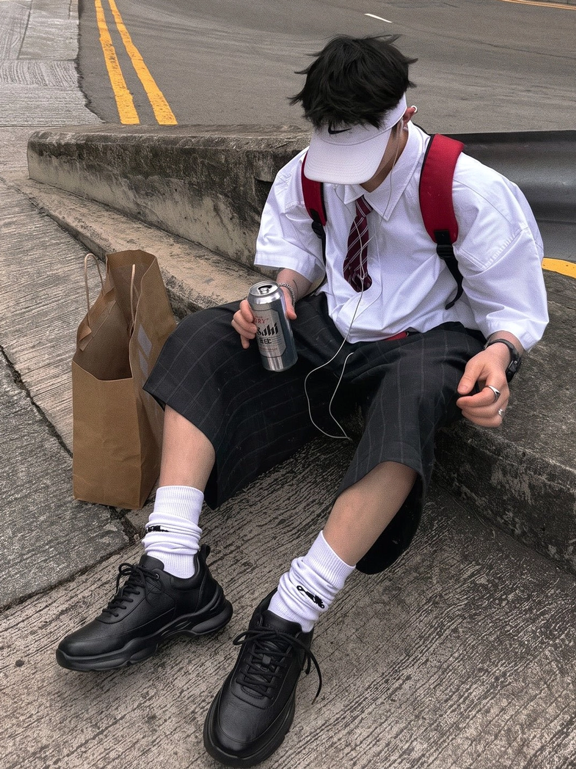 All-black sculpted sole chunky sneakers worn with casual streetwear on an urban sidewalk