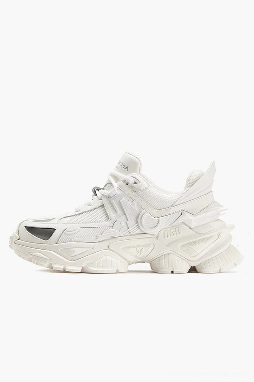 All-white futuristic platform sneakers with breathable mesh upper, sculpted sole details, and contemporary East Asian streetwear styling