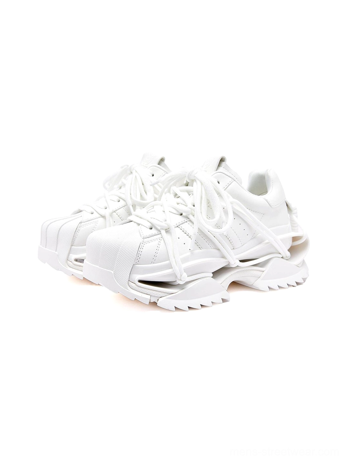 Top-down view of a pair of all-white futuristic runner sneakers showing the lace system, layered upper, and chunky outsole
