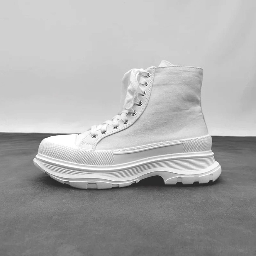 All-white high-top platform canvas sneaker with full canvas ankle upper classic laces and thick rugged outsole