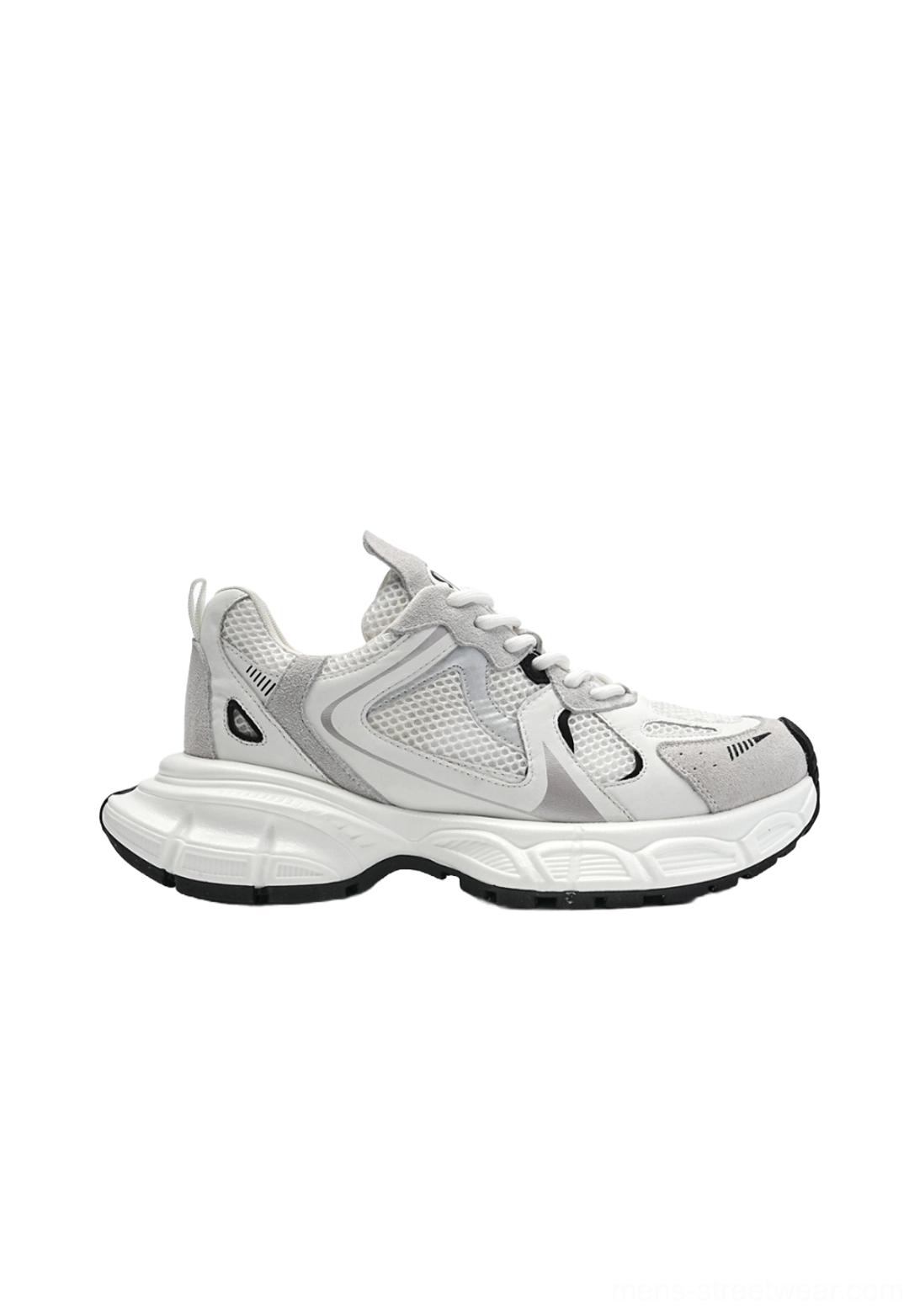 All-white retro mesh runner sneakers with gray accents, rear heel pull tab, and smooth thick rubber outsole