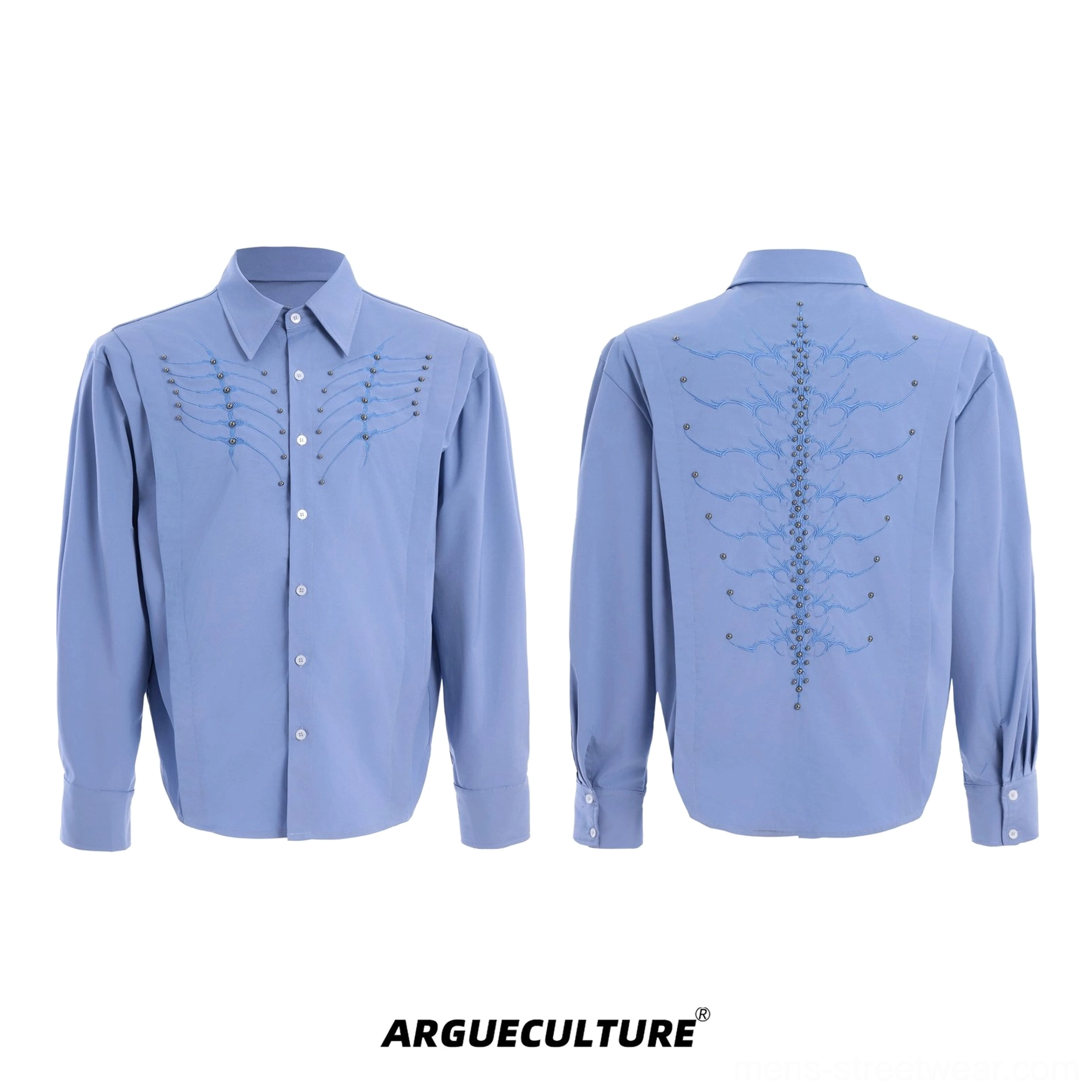 Anatomical ribcage and spinal skeleton embroidered shirt with long sleeves and modern button-front construction