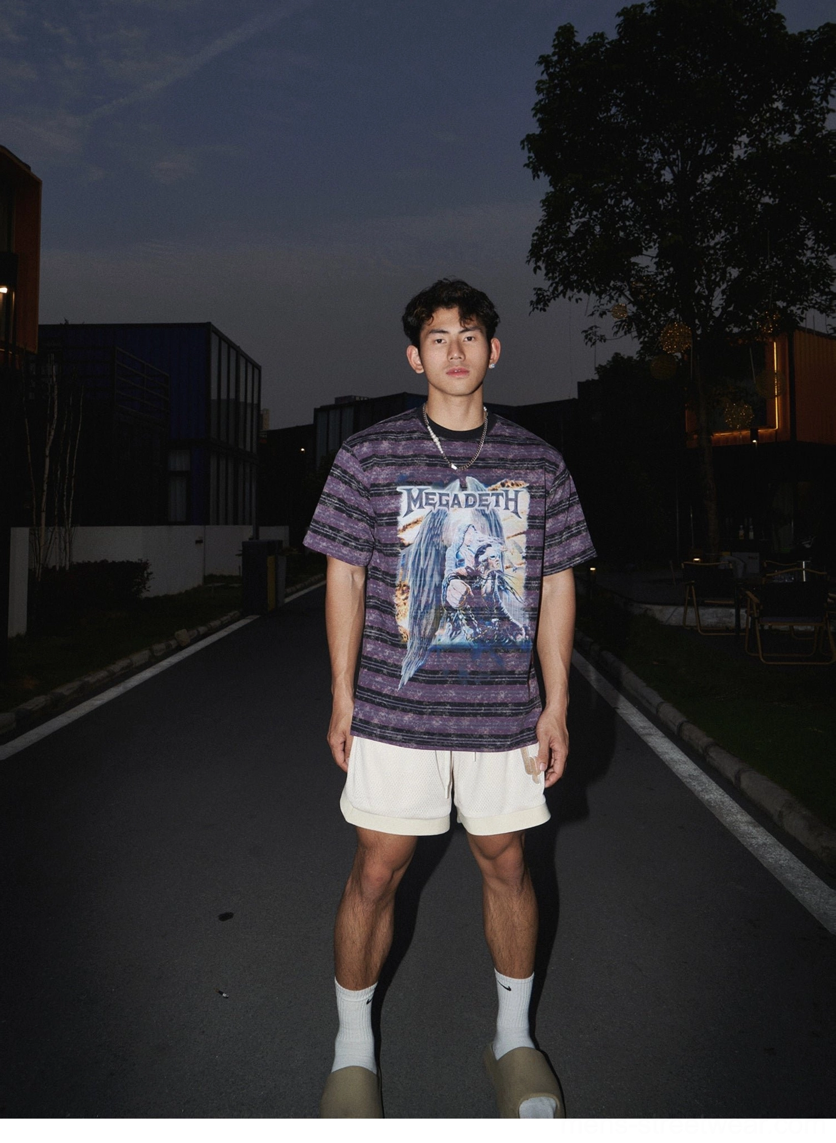 Apricot athletic mesh shorts styled with an oversized vintage stripe graphic t-shirt for a clean Korean streetwear outfit