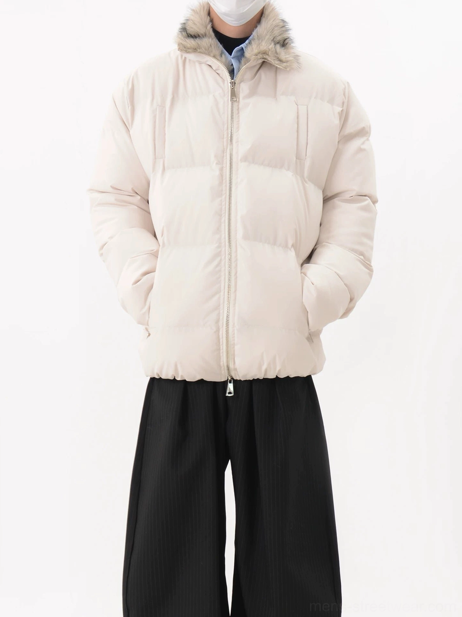 Apricot beige padded puffer jacket with soft faux fur collar, front zipper, side pockets, and layered winter streetwear outfit