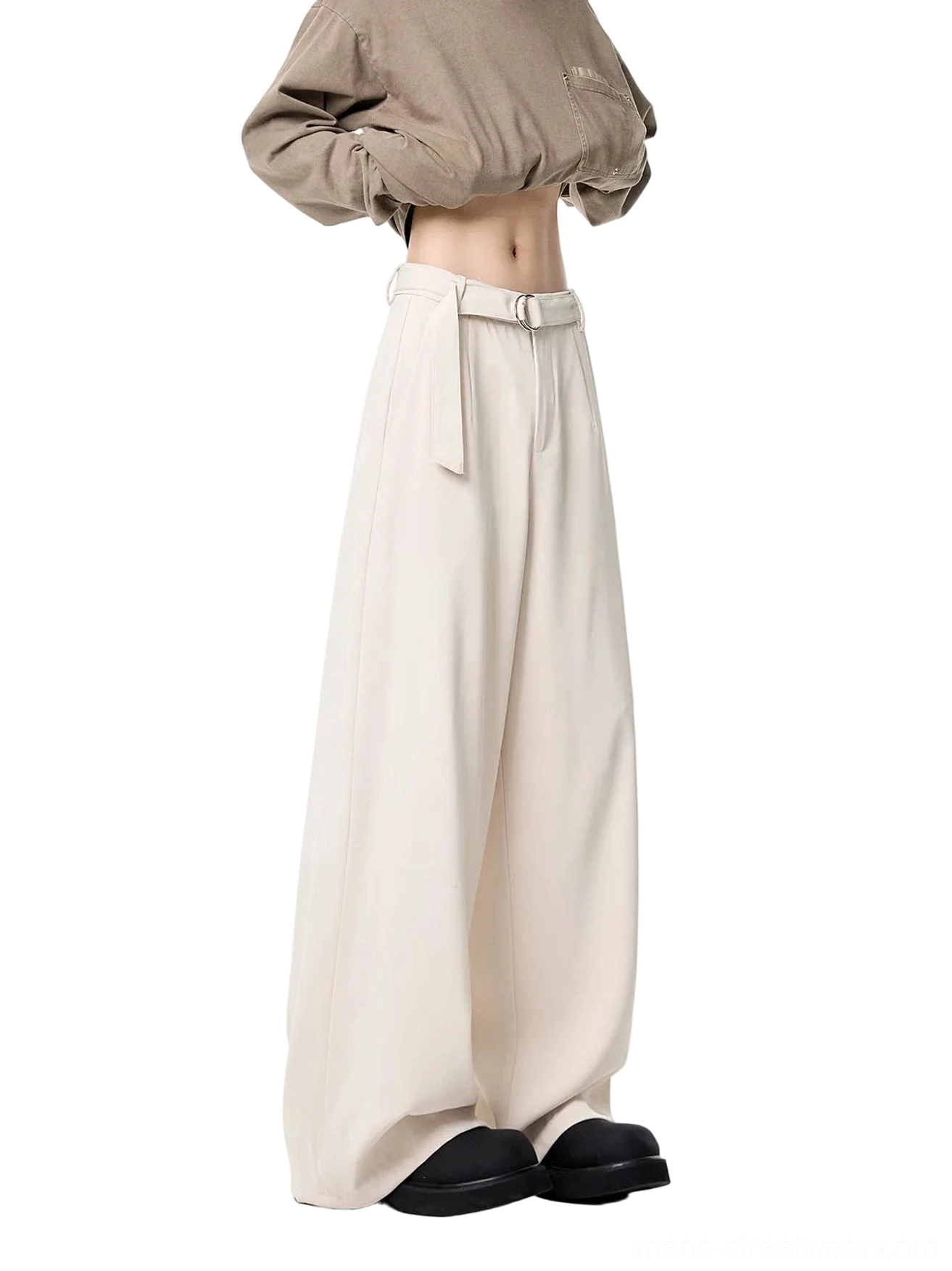 Apricot high-waist wide-leg draped trousers back-side view showing matching fabric belt and relaxed oversized leg silhouette