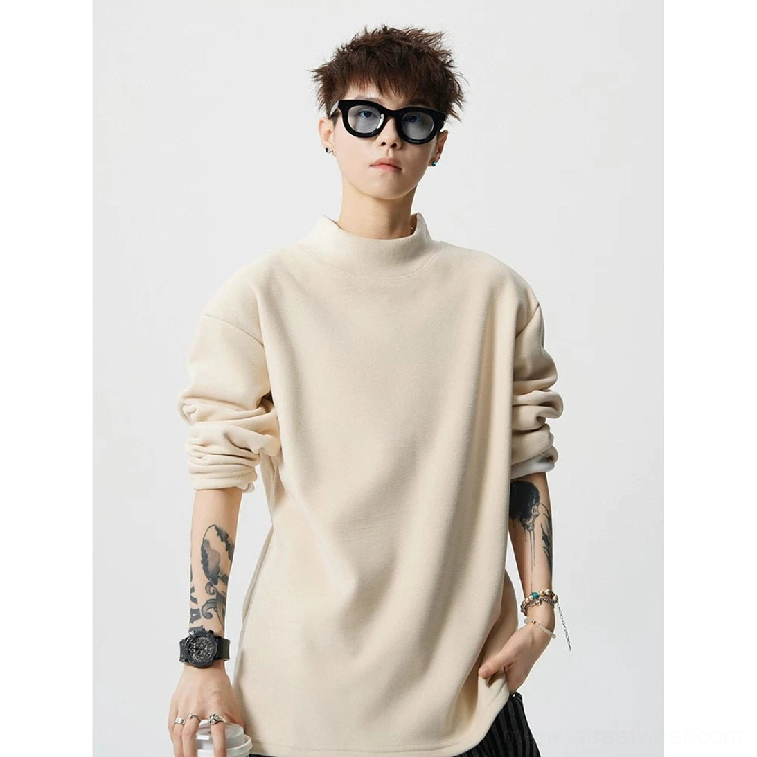 Apricot boxy mock neck fleece streetwear top with minimalist design and relaxed oversized silhouette