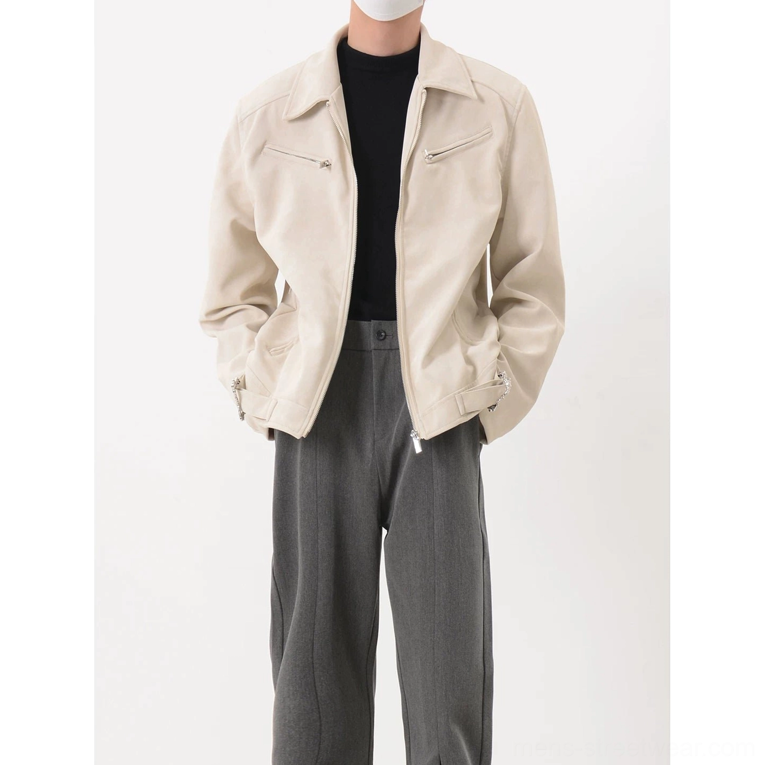 Apricot cream cropped zip-up moto jacket with suede-style texture silver hardware and relaxed urban streetwear styling