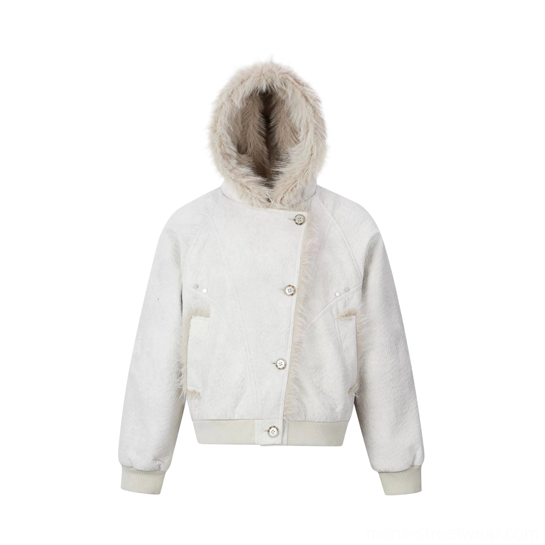 Apricot cropped faux fur bomber jacket variant with plush lapel trim and relaxed Korean streetwear fit