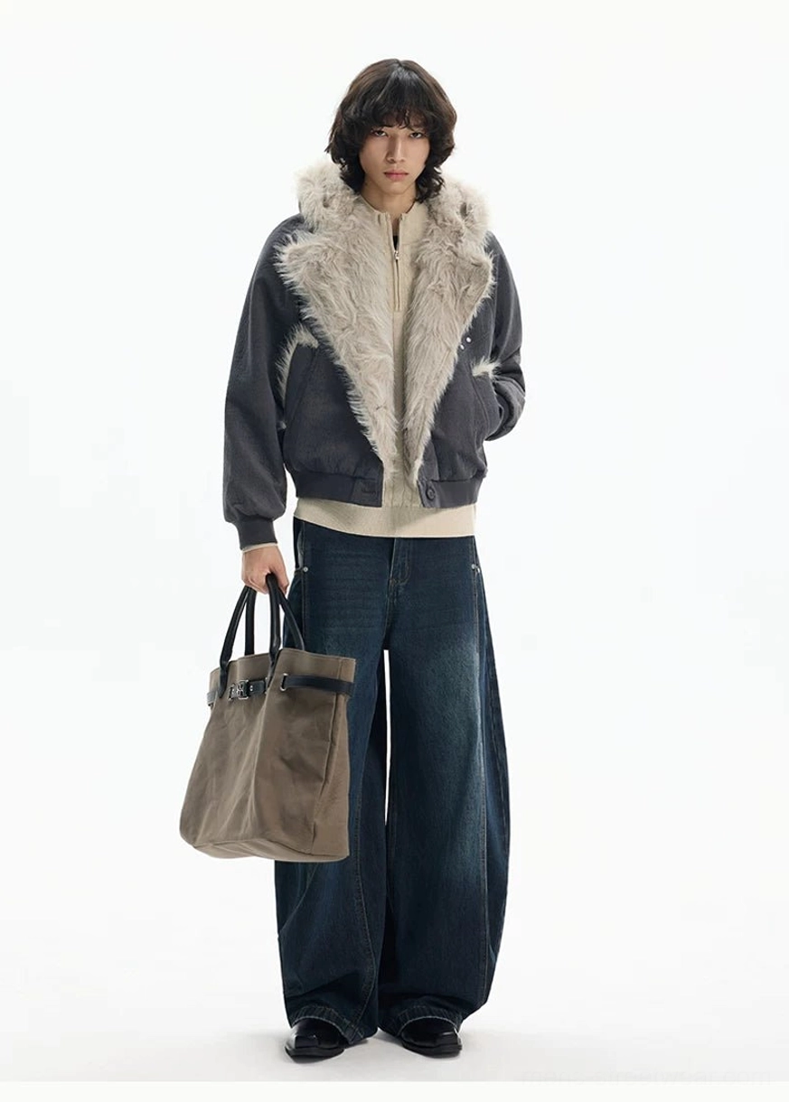 Apricot cropped faux fur bomber jacket with relaxed fit and bold winter layering aesthetic