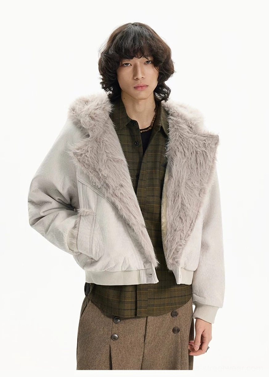 Side view of apricot cropped faux fur lapel jacket with soft textured shell and practical side pocket