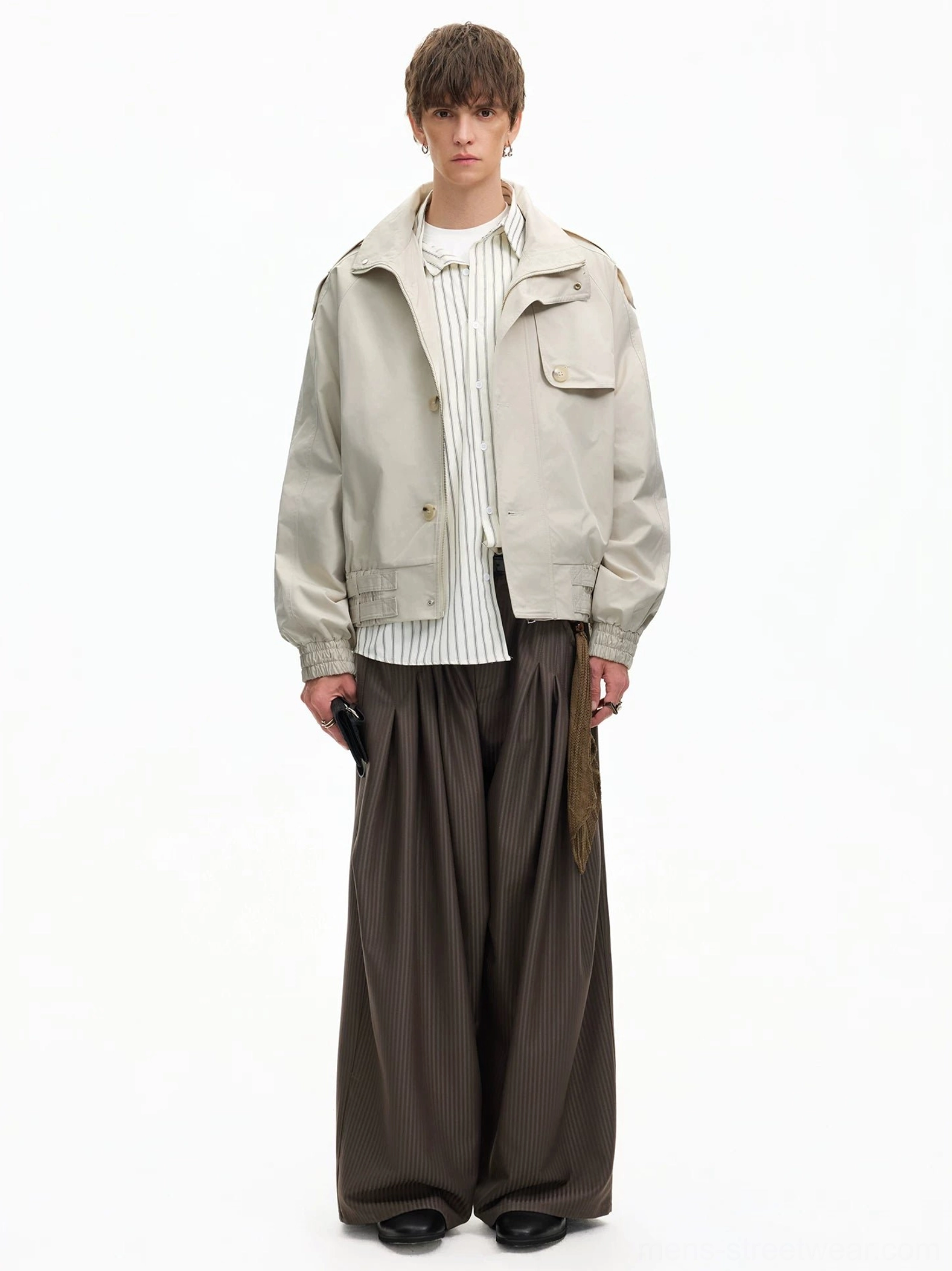 Apricot cropped relaxed fit windbreaker jacket with stand collar chest pocket and elastic wrist cuffs styled for Korean fashion