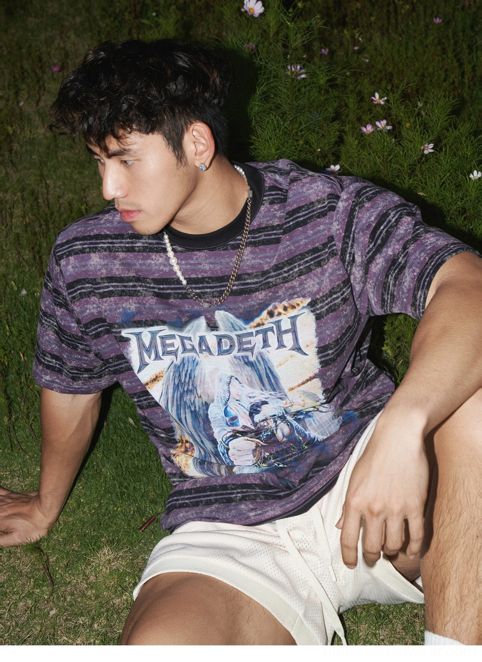 Apricot embroidered mesh shorts worn with a vintage band stripe t-shirt in a relaxed East Asian streetwear outfit