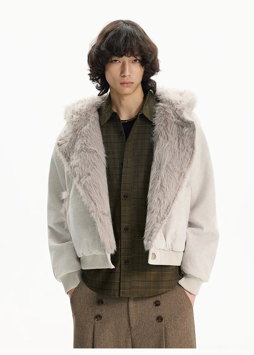 Apricot faux fur lapel cropped jacket with button front closure ribbed cuffs and relaxed everyday fit