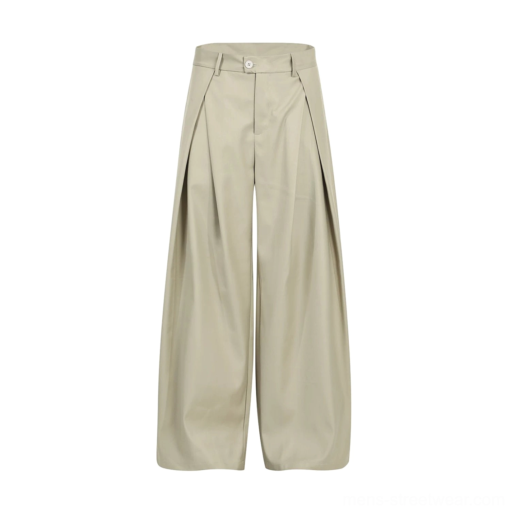 Flat lay view of light khaki apricot high-waisted pleated wide-leg trousers with tailored waistband