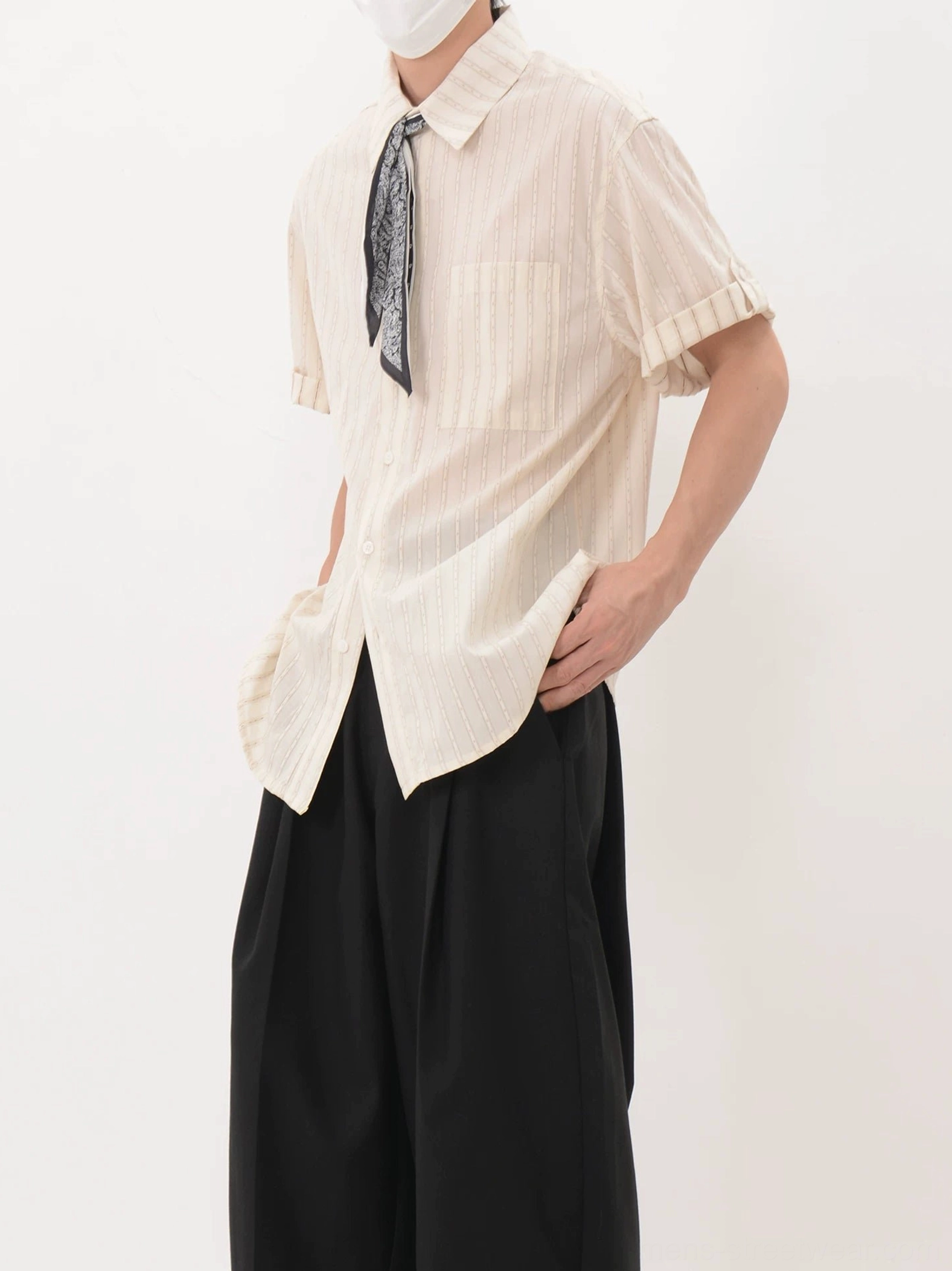 Apricot tonal Korean streetwear shirt with detachable bandana scarf, rolled sleeves, chest pocket, and relaxed fit